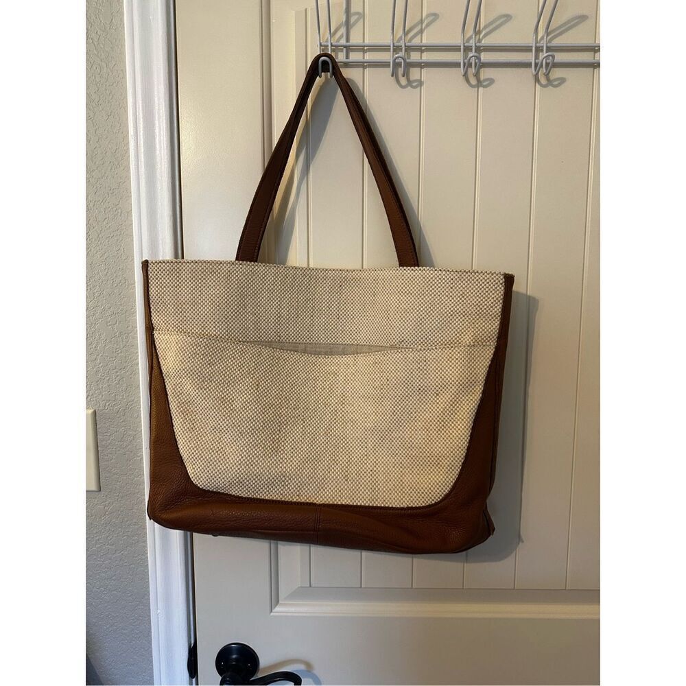 Muxo Camila Alves Leather Linen Woven Cotton Tote Brown Jute Tan Hobo Bag Purse - Picture 8 of 14